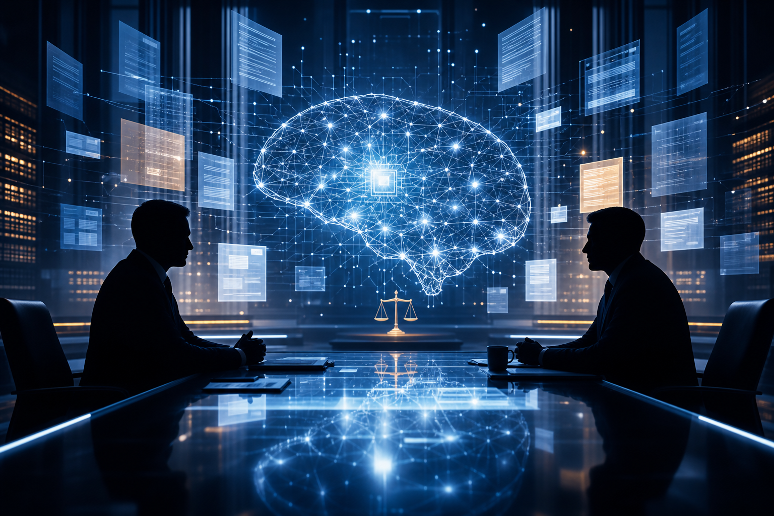 Two anonymous technology executives facing each other across a glowing AI boardroom table