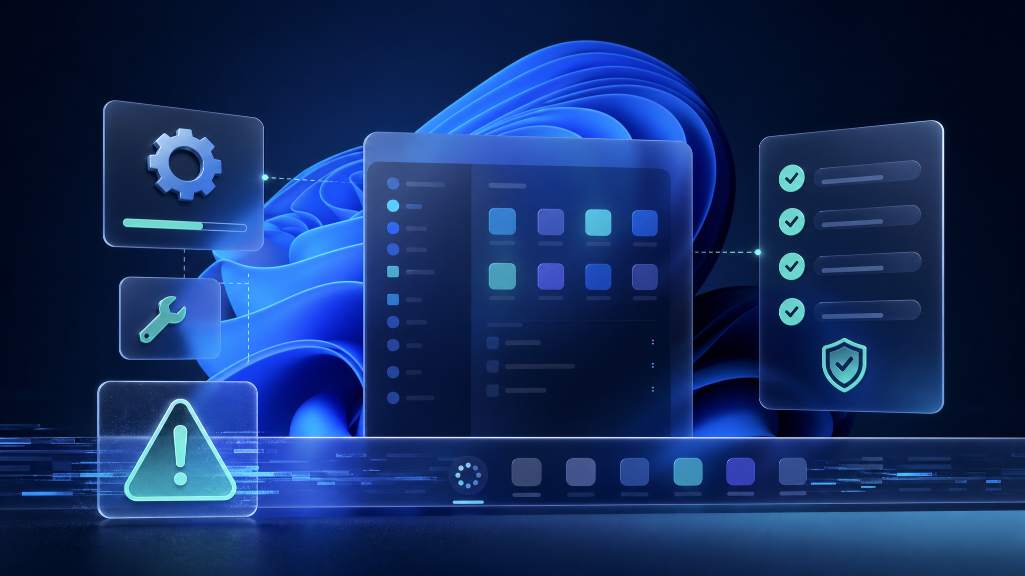 윈도우 11 작업 표시줄과 시작 메뉴 오류를 점검하는 추상 이미지